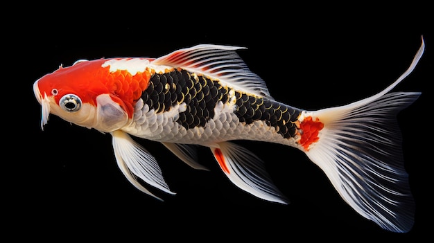 Photo poisson koi rouge blanc noir poisson koi isolé sur fond noir ia générative