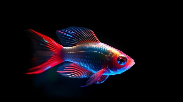 Photo poisson-lampe tétra néon avec une bande bleu-rouge brillante sur fond noir ai générative