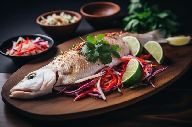 Photo poisson avec des légumes et un citron sur le côté