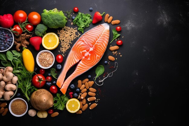 Photo un poisson et des légumes sont disposés en cercle avec une image d'un poisson sur le dessus