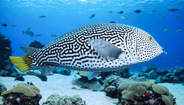 Un poisson magnifique et unique nage au-dessus d'un récif corallien vibrant dans l'océan et le poisson a un motif tacheté noir et blanc