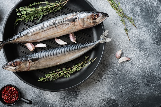 Poisson maquereau avec ingrédients sur fond gris, mise à plat avec un espace pour le texte.