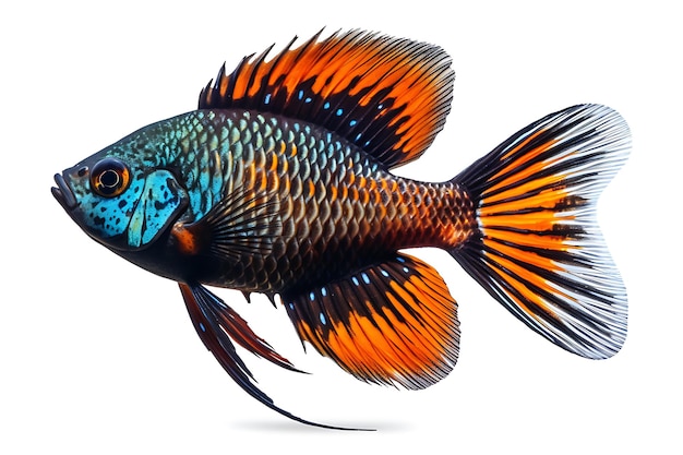 Un poisson avec des marques bleues et orange et une queue noire isolée sur un fond blanc