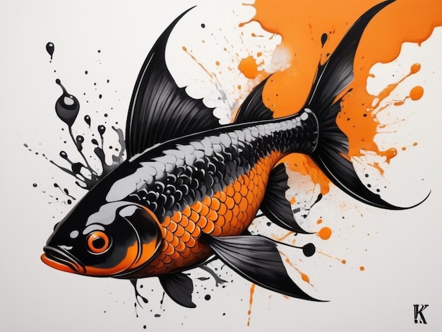 un poisson avec des marques orange et noires est représenté dans un dessin à l'encre orange et noire