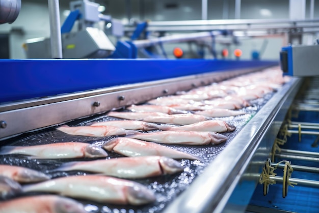 Poisson de mer cru sur un convoyeur d'usine Production de poisson en conserve