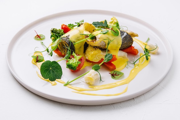 Poisson de mer frais cuit au four avec des carottes de brocoli, des légumes et du fromage