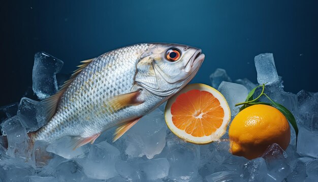 Poisson de mer frais pêché sur la glace avec des citrons