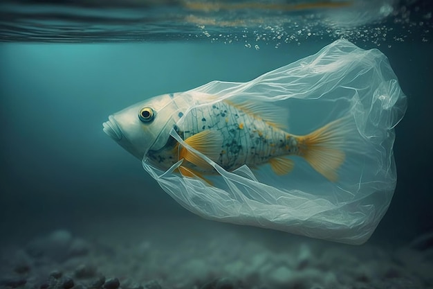 Poisson de mer nageant avec un sac en plastique