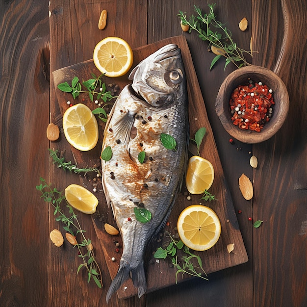 Poisson de mer rôti avec des épices et des herbes présentés sur un fond en bois pour les médias sociaux