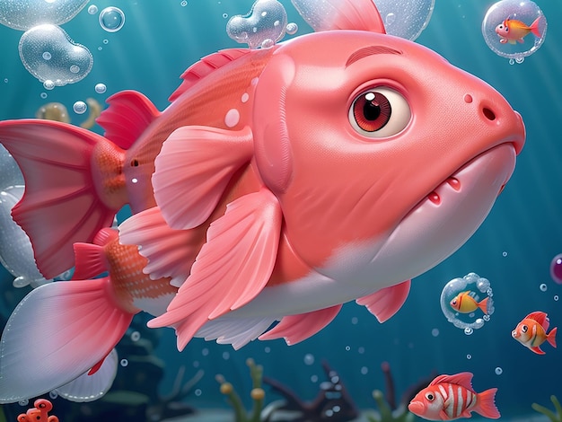 Un poisson mignon avec un nez rose, de grands yeux et une queue rouge est entouré de bulles