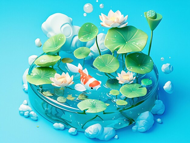 un poisson nage dans un bol d'eau avec un poisson en 3D illustration de koi et de feuilles de lotus en t