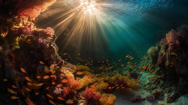 Un poisson nage sous un récif de corail.