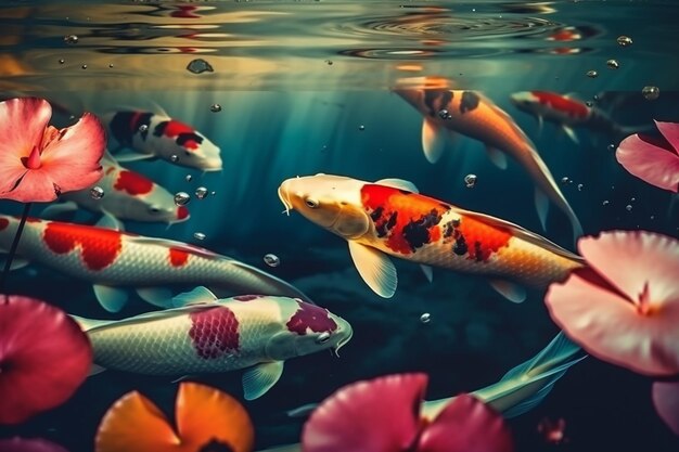 Poisson nageant dans l'eau avec une fleur rose.