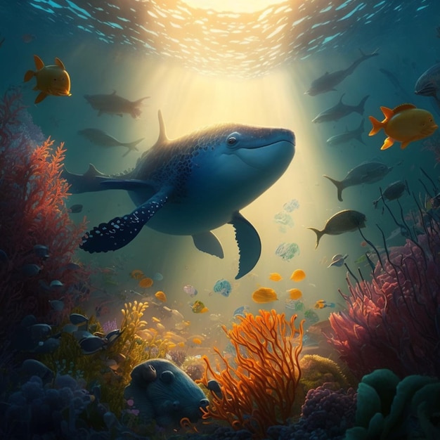 Un poisson nageant sous un réservoir marin avec une baleine bleue nageant dans l'eau.