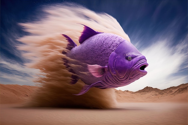 Poisson de l'océan épique volant au-dessus du sable du désert avec une explosion de sable par temps venteux avec fond de ciel nuageux Poisson de rivière pourpre créatif traversant une tempête de sable art numérique illustration de rendu 3d