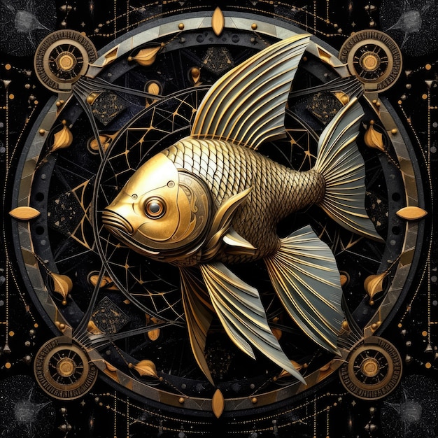 poisson d'or zodiaque cosmos univers boussole rose astrologie tarot fond illustration art