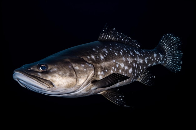Un poisson à la peau tachetée de blanc et au corps tacheté de bleu nage dans le noir.
