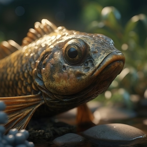 Un poisson avec une petite tête et un petit poisson sur le dessus.