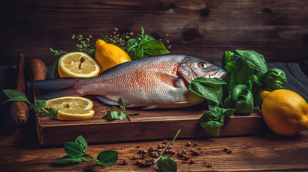 Un poisson sur une planche de bois avec des citrons et du basilic