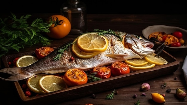 Un poisson sur une planche à découper avec des citrons, des tomates et des citrons.