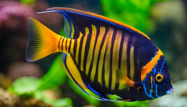 un poisson avec une queue jaune et bleue nage dans un aquarium