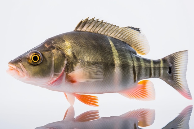 Un poisson avec une queue jaune et des nageoires orange est sur une surface blanche.