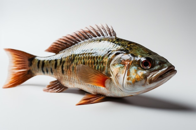 Un poisson à queue rouge est assis sur une surface blanche.