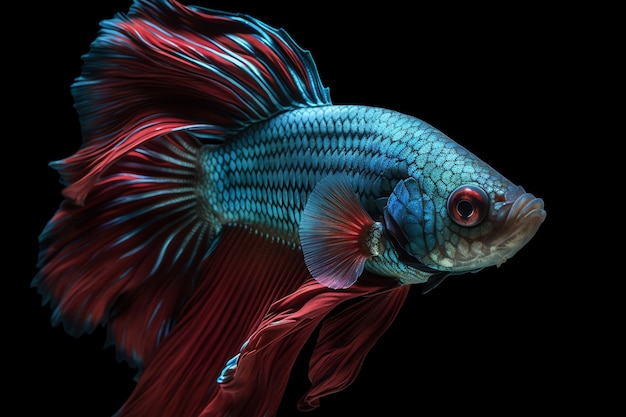 Un poisson avec une queue rouge est sur un fond noir.