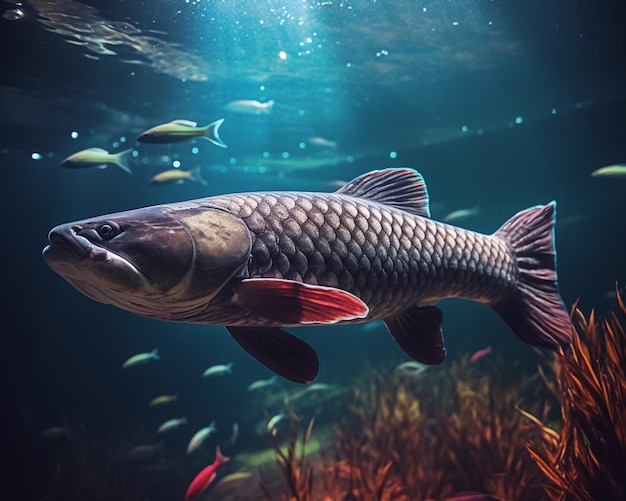 Un poisson à queue rouge nage dans l'eau.