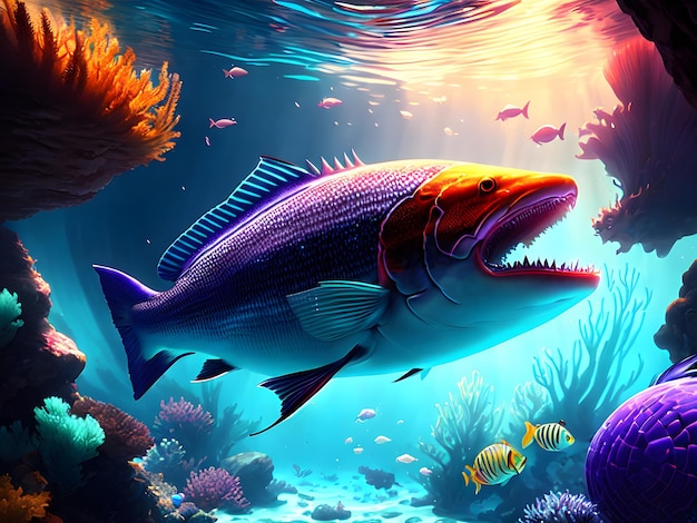 Un poisson avec une queue rouge et une queue bleue nage dans l'eau.