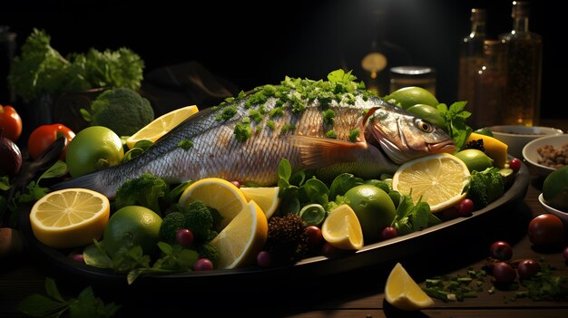 poisson qui est assis sur un plateau de légumes IA générative