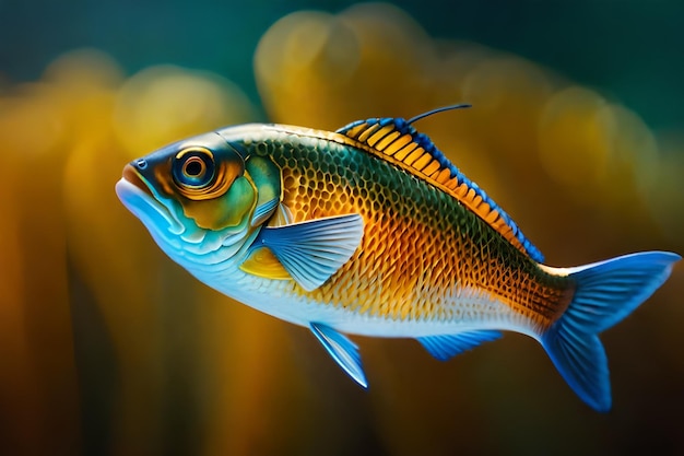 un poisson qui est dans un aquarium avec le reflet d'une fleur jaune