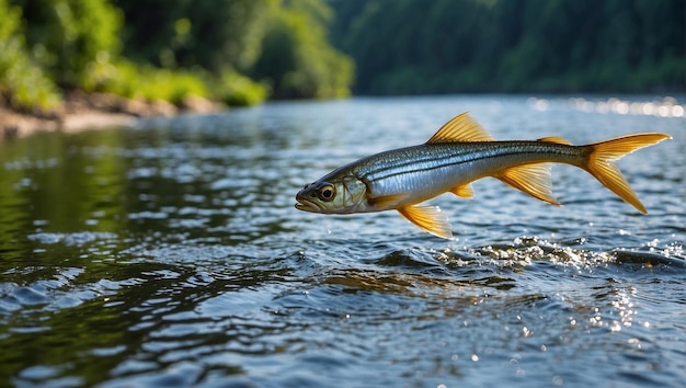 Photo un poisson qui est dans l'eau avec des arbres en arrière-plan