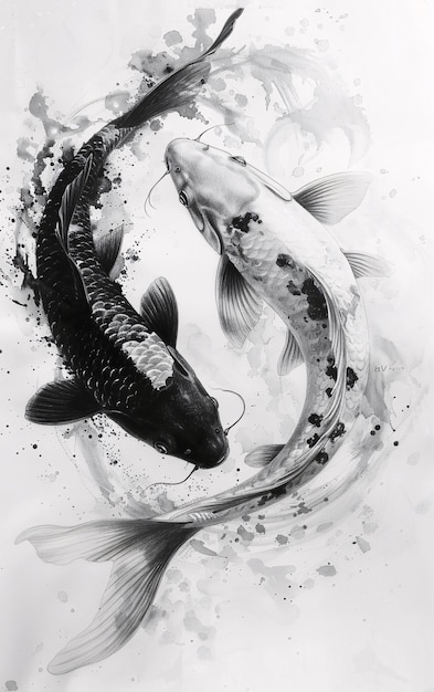 un poisson qui a le numéro 3 sur lui deux poissons koi noirs et blancs nagent sur l'eau poisson koi festif r