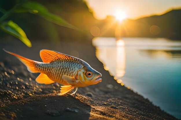 un poisson qui se tient dans la saleté près d'un lac