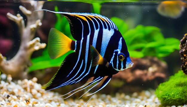 un poisson rayé bleu et blanc est dans un aquarium avec des rayures bleues et blanches