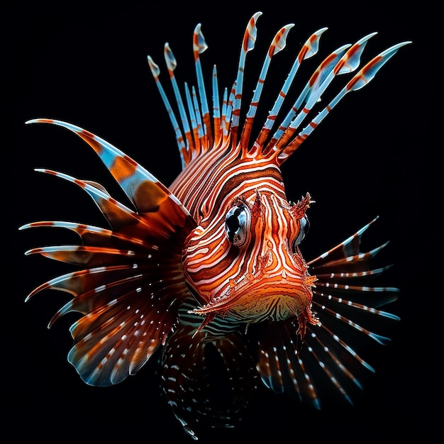 Un poisson à rayures orange et bleues nage dans l'eau.