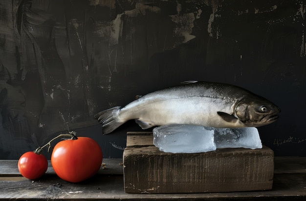 Photo poisson réfrigéré sur glace à côté de tomates fraîches