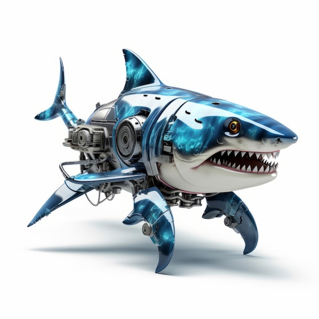 Photo poisson robotique robot requin effrayant isolé sur fond blanc