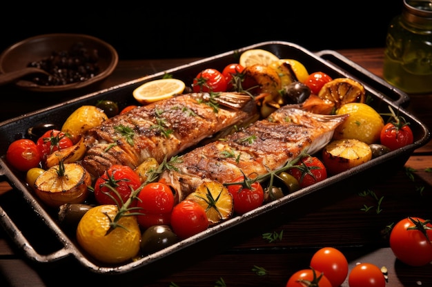 Un poisson rôti délicieux avec une croûte dorée délicieusement croustillante, habilement cuit dans une casserole brûlante.