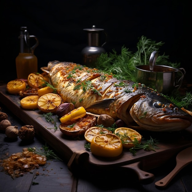 Poisson rôti garni de tranches de citron servi avec légumes