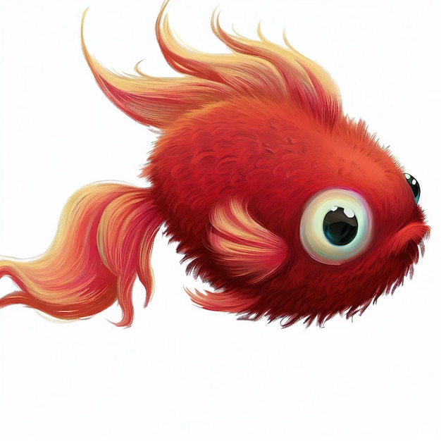 Un poisson rouge aux yeux jaunes et à la queue noire et jaune.