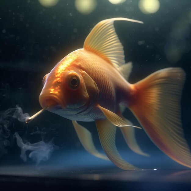 Un poisson rouge fume dans un aquarium avec une cigarette dedans.