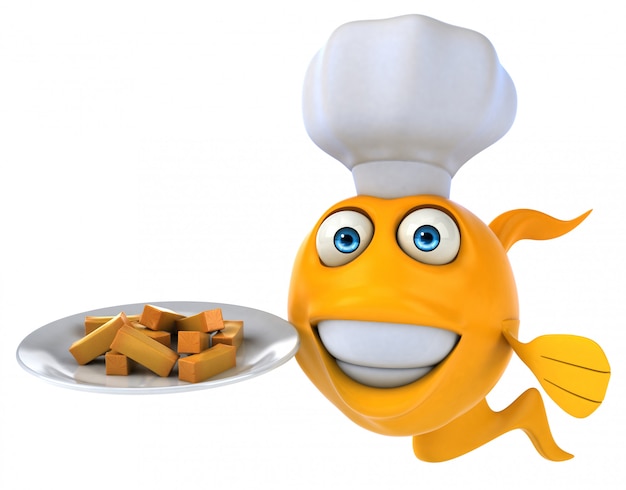 poisson rouge illustré drôle tenant une assiette de frites