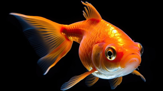 Un poisson rouge nage devant un fond noir.