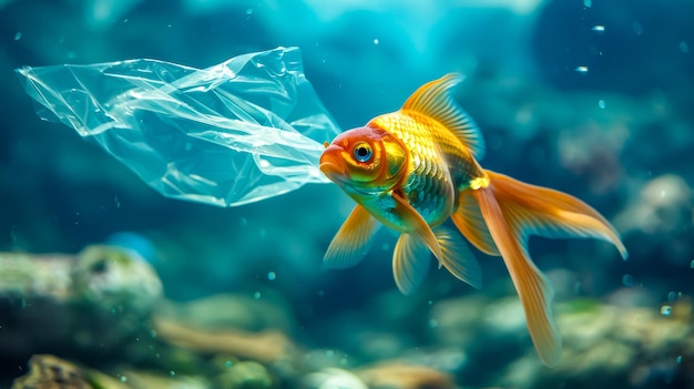 Un poisson rouge rencontre un sac en plastique sous l'eau