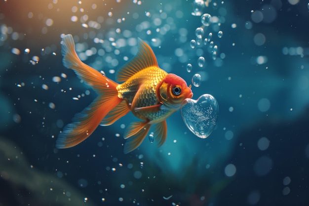 Le poisson rouge souffle des bulles en forme de cœur dans son aquarium