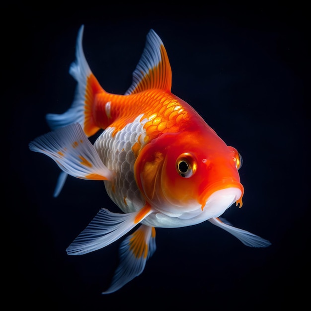 Photo un poisson rouge avec des taches blanches et bleues est montré dans cette image.
