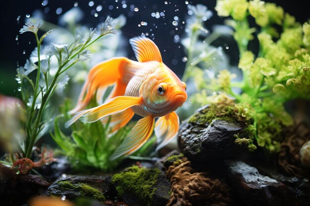 Poisson rouge vibrant nageant gracieusement dans un réservoir en verre Image de stock facilement accessible générée par AI