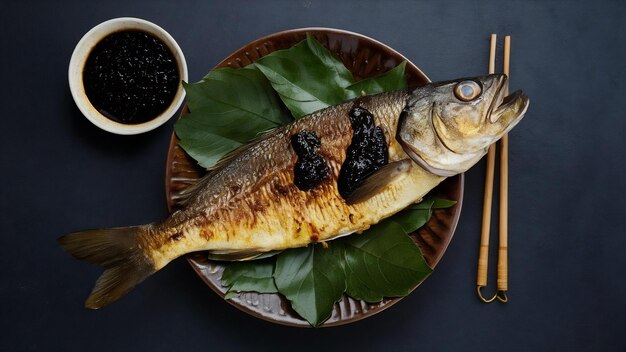 Photo poisson saba grillé avec sauce sucrée noire